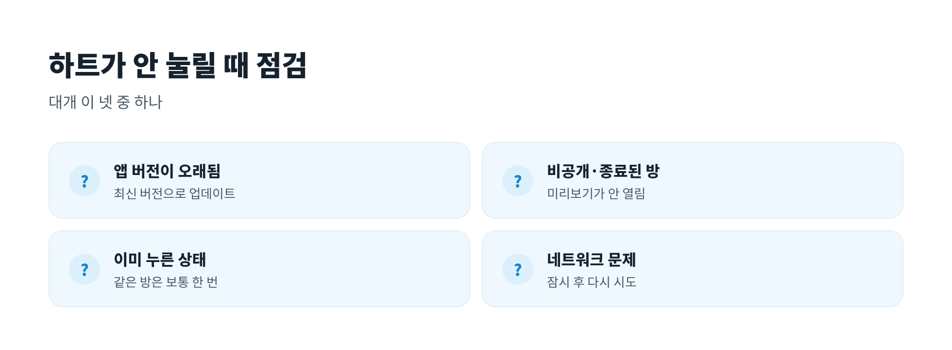 하트가 안 눌릴 때 점검: 앱 버전, 이미 누름, 비공개 방, 네트워크