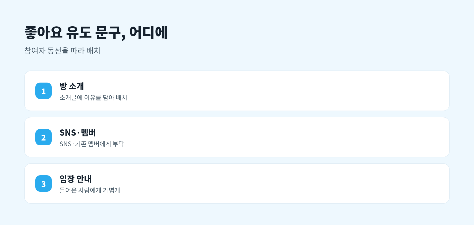 좋아요 유도 문구 위치: 방 소개, 입장 인사, 정기 안내